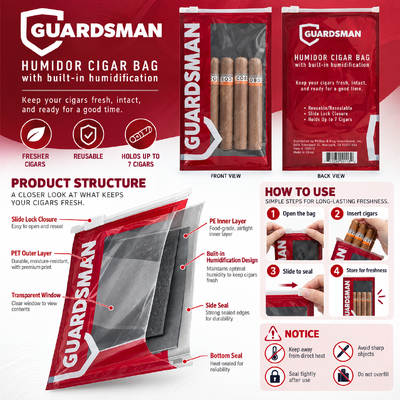 plastic cigar bags designed to hold 5 to 20 cigars depending on size and resealable cigar packaging bags